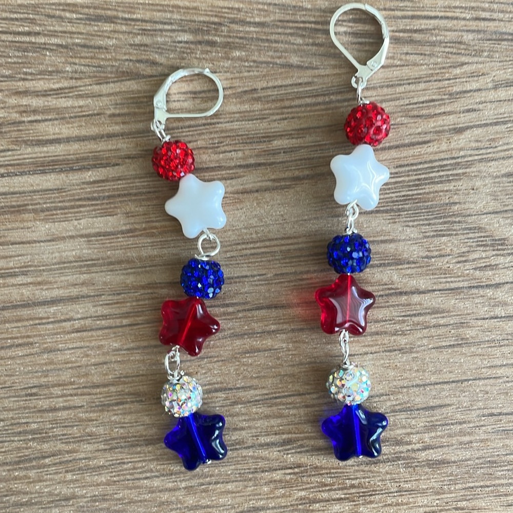 HAND CRAFTED PATRIOTIC EARRINGS Red White Blue Glass Stars Sparkling Disco Balls